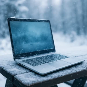 A silver laptop sits on a snow-covered wooden surface outdoors, with soft snow falling and a blurred, icy forest in the background.
