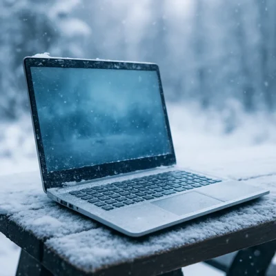 A silver laptop sits on a snow-covered wooden surface outdoors, with soft snow falling and a blurred, icy forest in the background.