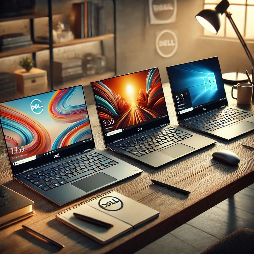 Three modern Dell laptops—Dell Inspiron, Latitude, and XPS—placed side by side on a wooden desk, each displaying vibrant screens. Cozy workspace setup with notebooks, pens, and a lamp in the background.