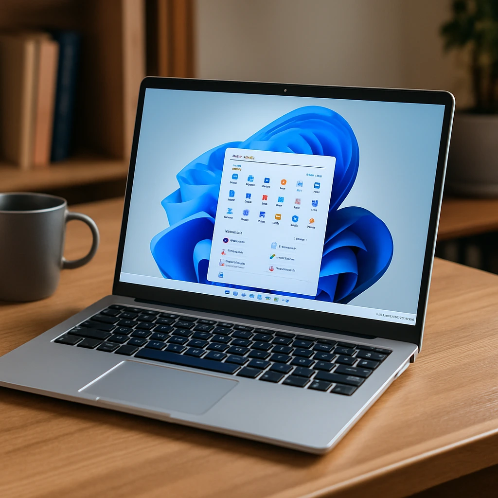 A modern 14.1-inch silver laptop running Windows 11 on a wooden desk, with a mug and bookshelf in the softly lit background.