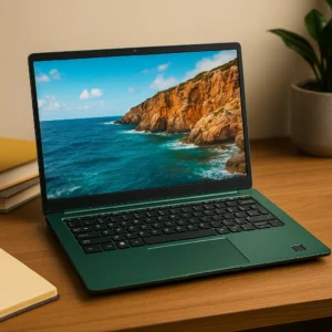 A green 15.6-inch laptop on a wooden desk displaying a vivid coastal landscape, with books and a plant nearby under soft lighting.