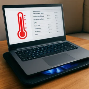 A modern laptop placed on a glowing blue cooling pad, with a temperature monitoring app open on the screen, resting on a wooden desk.