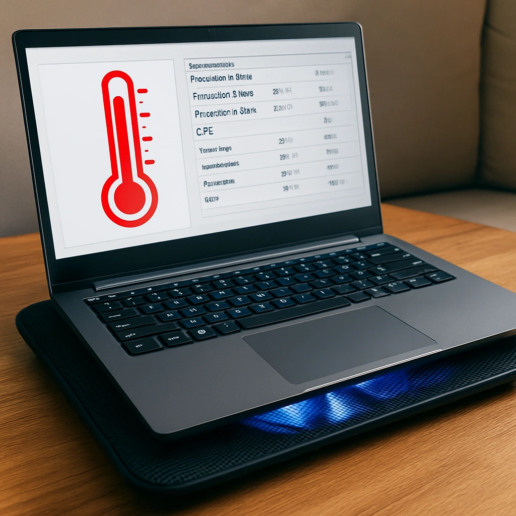 A modern laptop placed on a glowing blue cooling pad, with a temperature monitoring app open on the screen, resting on a wooden desk.