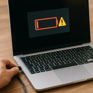 Close-up of a modern, slim laptop on a wooden desk with a low battery warning symbol on screen as a hand plugs in the charger.
