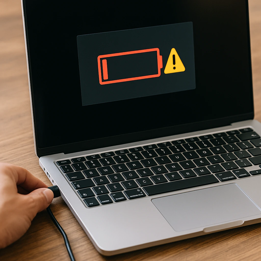 Close-up of a modern, slim laptop on a wooden desk with a low battery warning symbol on screen as a hand plugs in the charger.