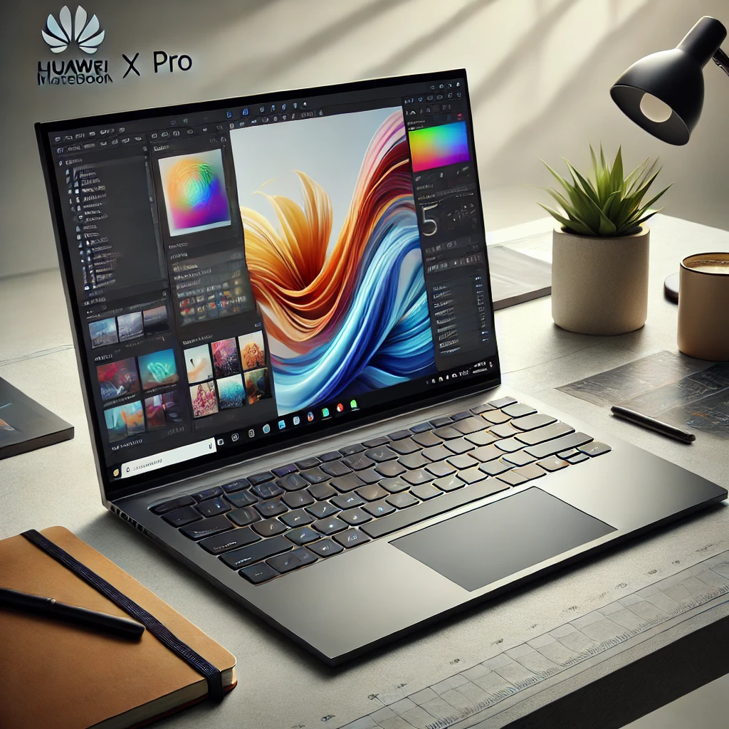 A Huawei MateBook X Pro laptop on a modern desk setup, displaying creative editing software on its high-resolution screen, surrounded by stationery and a small plant.