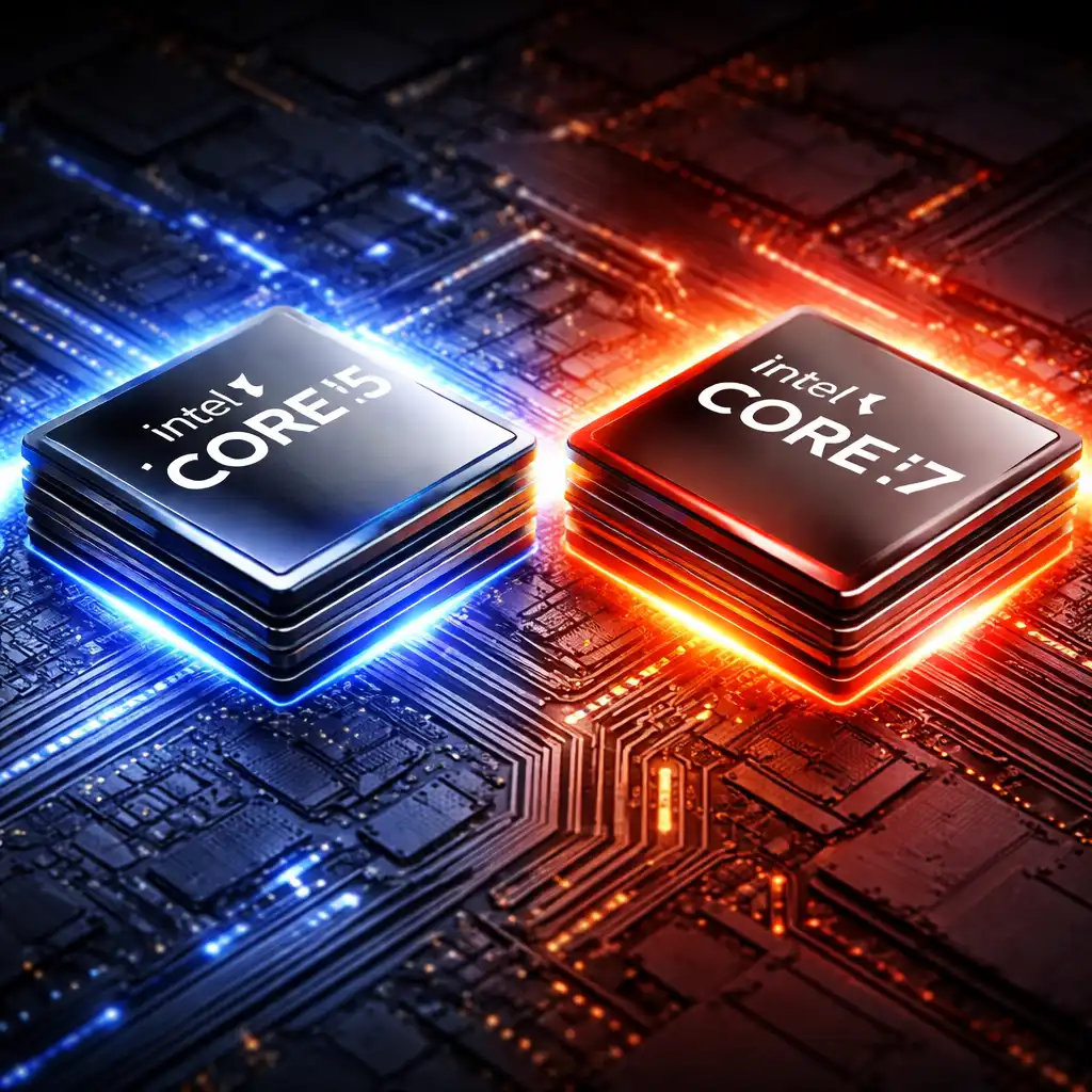 Intel Core i5 and Core i7 laptop processors illuminated on a motherboard with blue and red circuit lighting.