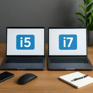 Two modern laptops side by side on a wooden desk, one labeled i5 and the other i7, with a wireless mouse, smartphone, notepad, and plant in the background.
