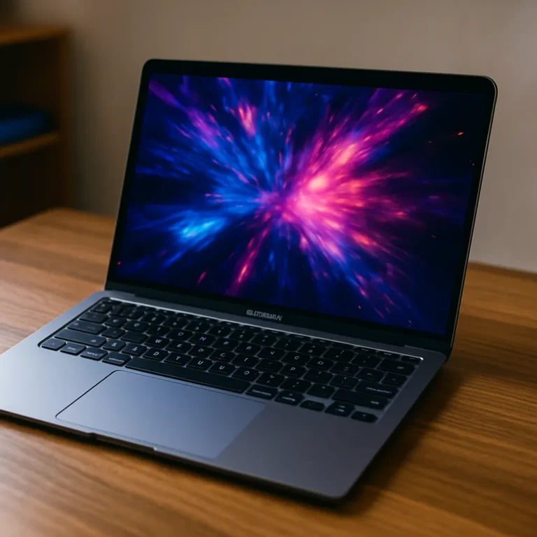 A high-resolution digital photograph showcases a sleek space gray MacBook Air placed on a wooden desk, displaying a colorful abstract wallpaper.