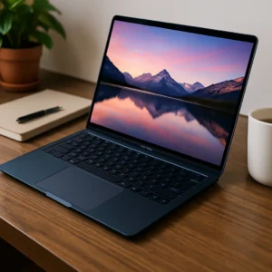 A MacBook Air laptop in midnight blue on a wooden desk, displaying a mountain lake wallpaper, beside a notebook, pen, plant, and coffee mug.