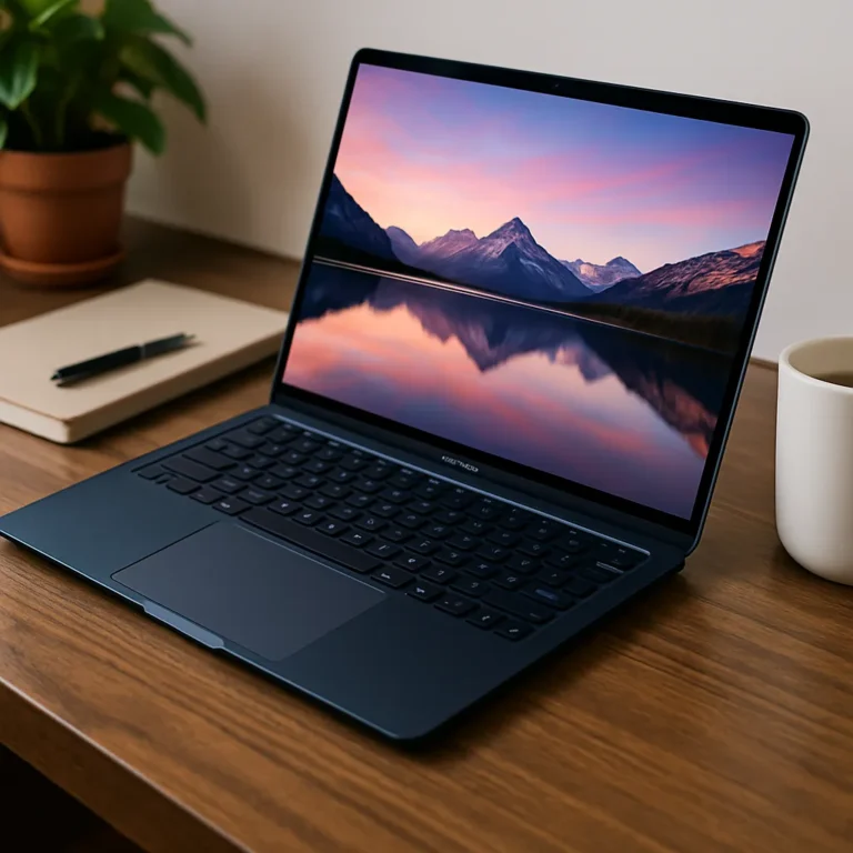 A MacBook Air laptop in midnight blue on a wooden desk, displaying a mountain lake wallpaper, beside a notebook, pen, plant, and coffee mug.