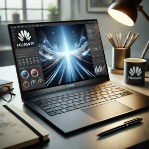 A modern Huawei laptop on a stylish desk setup, displaying a bright and dynamic interface on screen, with a Huawei-branded mug, lamp, and stationery nearby.