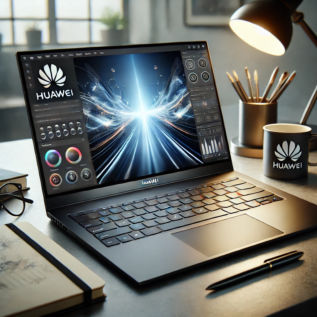 A modern Huawei laptop on a stylish desk setup, displaying a bright and dynamic interface on screen, with a Huawei-branded mug, lamp, and stationery nearby.