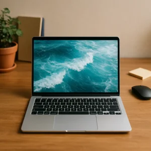 A modern silver laptop on a wooden desk with an ocean wave wallpaper, surrounded by a potted plant, sticky notes, and a wireless mouse.