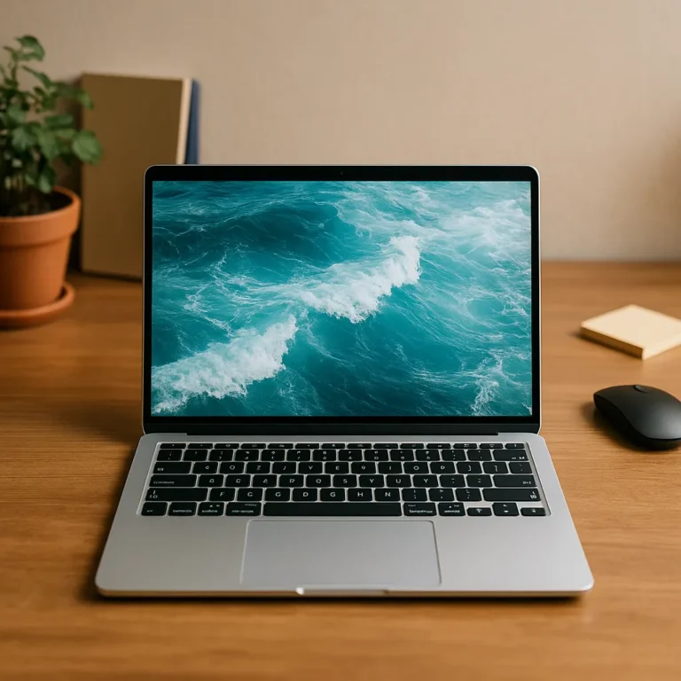 A modern silver laptop on a wooden desk with an ocean wave wallpaper, surrounded by a potted plant, sticky notes, and a wireless mouse.
