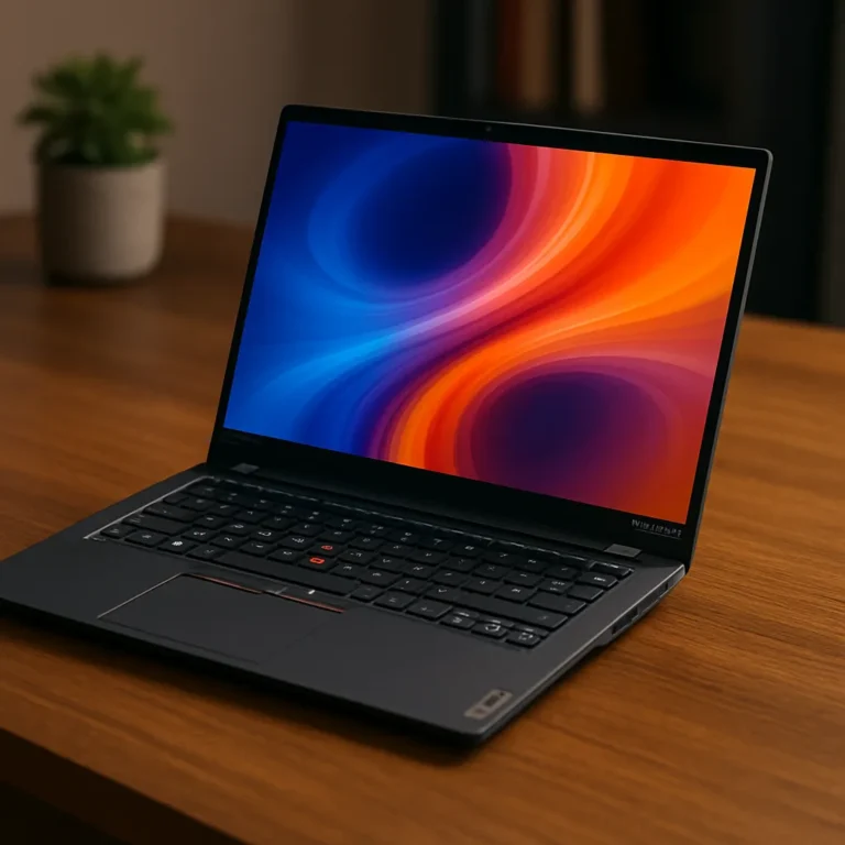 A Lenovo laptop open on a modern desk setup, showing a clean screen interface with a visible keyboard, touchpad, and slim display.