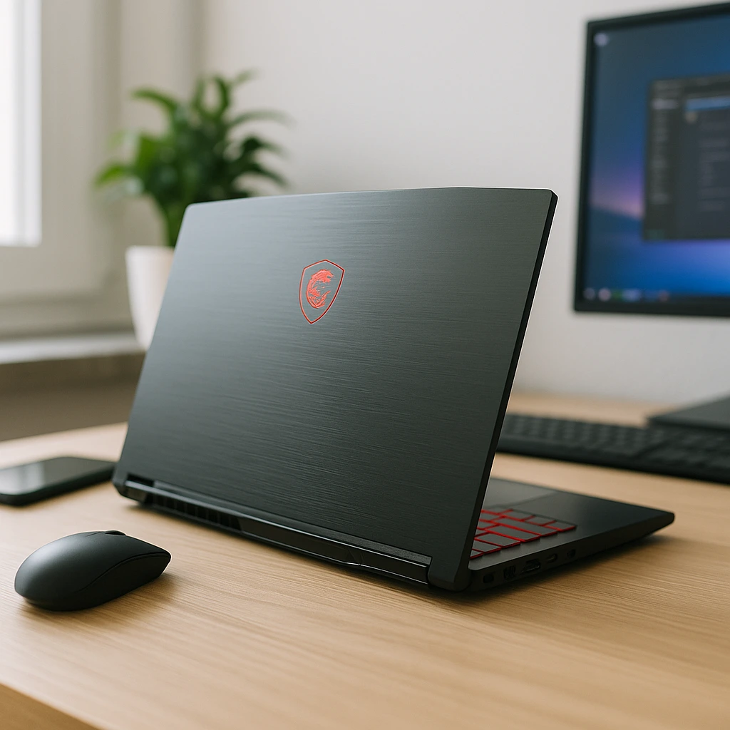 A high-resolution photo showcases an MSI laptop with red backlit keys on a modern wooden desk, set up for everyday productivity and gaming.