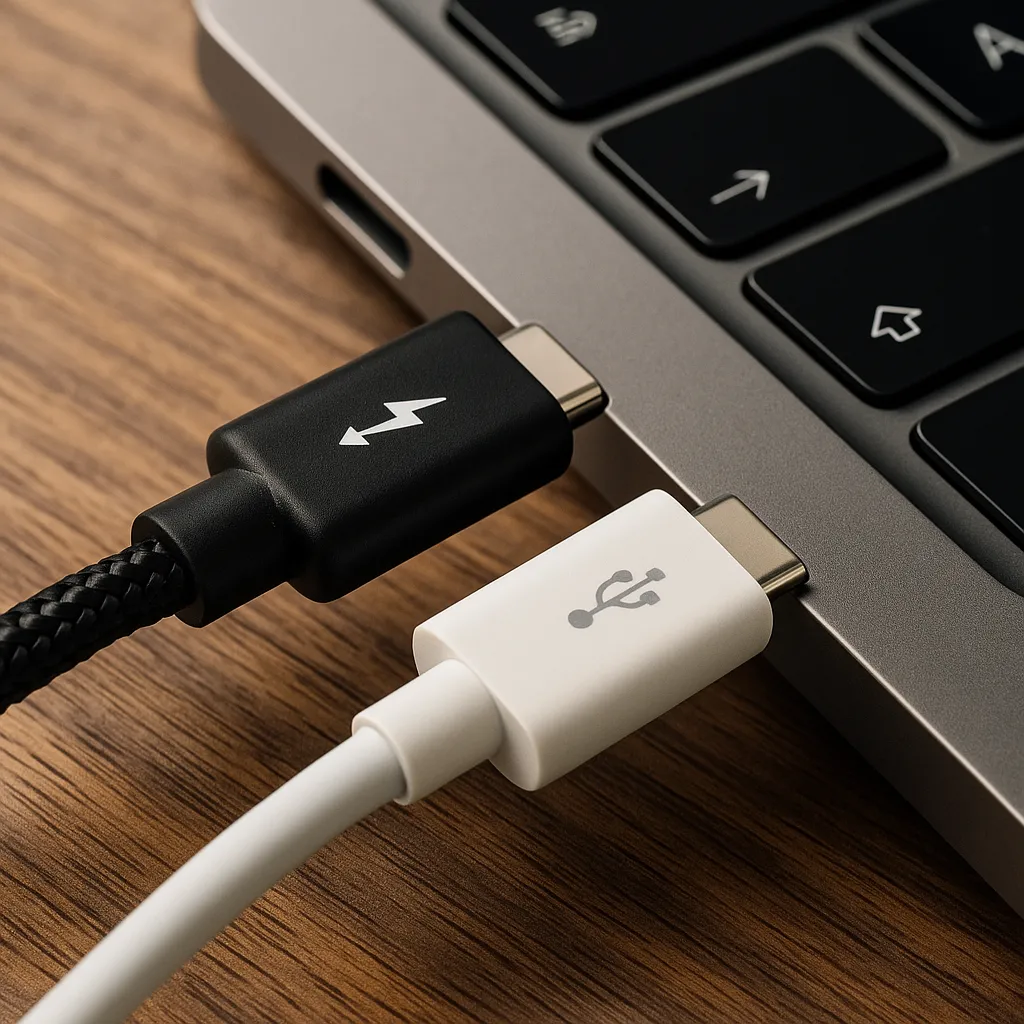 Close-up of a USB-C and Thunderbolt cable plugged into a modern laptop on a wooden desk