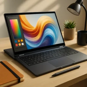 A modern 2-in-1 convertible laptop in tablet mode on a wooden desk, with a vivid touchscreen display, stylus, notebook, and potted plant nearby.
