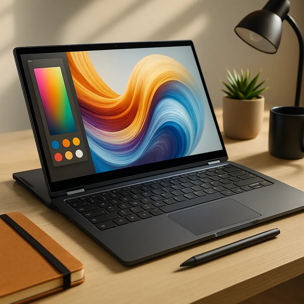 A modern 2-in-1 convertible laptop in tablet mode on a wooden desk, with a vivid touchscreen display, stylus, notebook, and potted plant nearby.