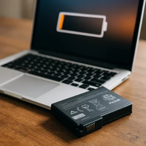 Laptop with low battery warning and removed battery on desk, symbolizing laptop battery life expectancy.