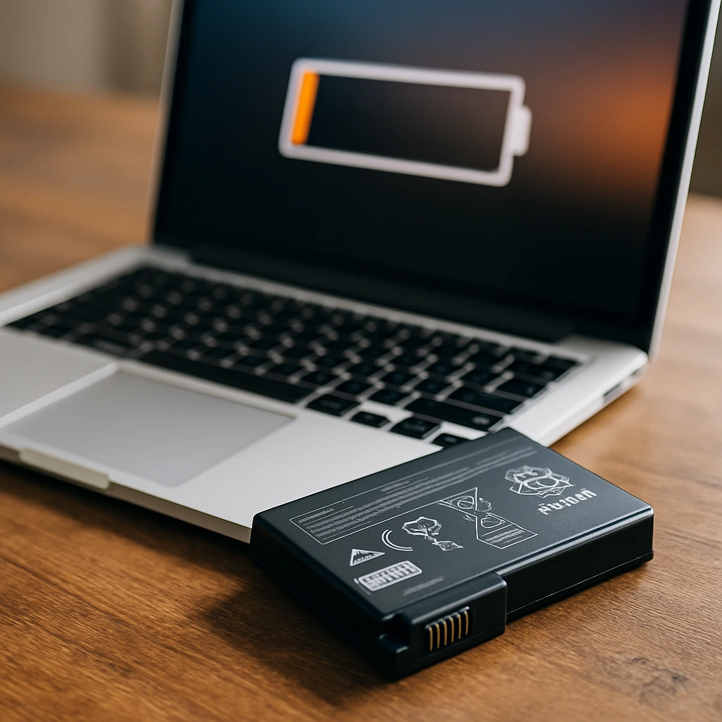Laptop with low battery warning and removed battery on desk, symbolizing laptop battery life expectancy.