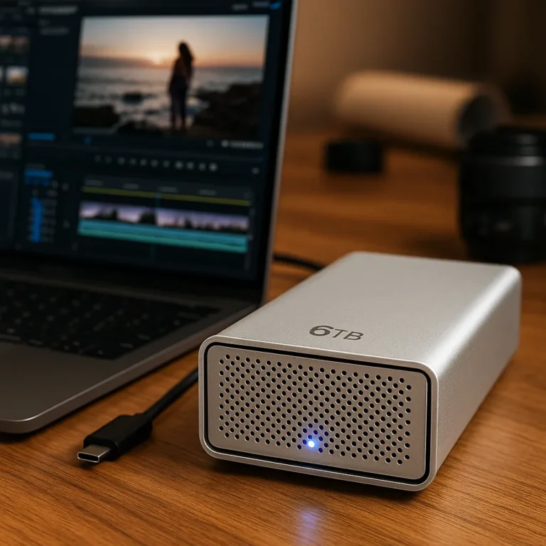 A silver 6TB external hard drive connected via USB-C to a MacBook Pro running video editing software, placed on a wooden desk with soft lighting and a camera lens blurred in the background.