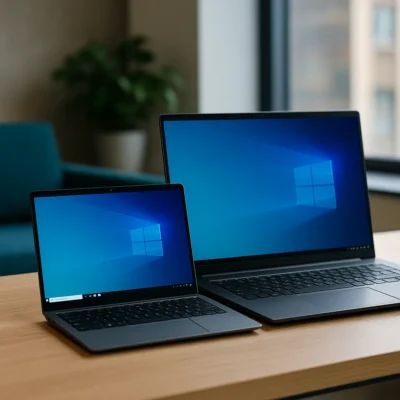 A 13-inch and 17-inch laptop side by side on a wooden desk in a modern, sunlit room with a teal sofa, potted plant, and large window.
