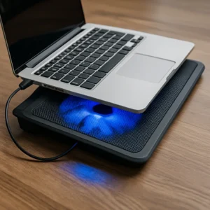 A digital photograph showcases a slim, silver laptop resting on a black cooling pad with a glowing blue fan beneath it, placed on a wooden desk.