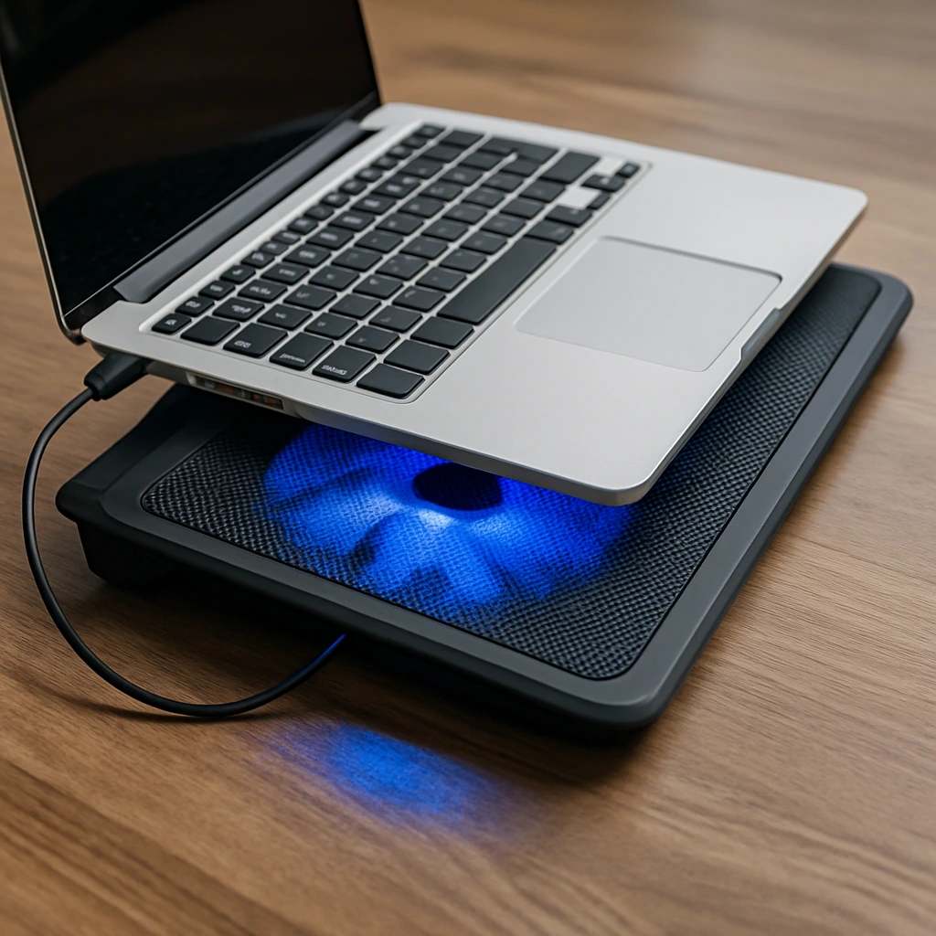 A digital photograph showcases a slim, silver laptop resting on a black cooling pad with a glowing blue fan beneath it, placed on a wooden desk.