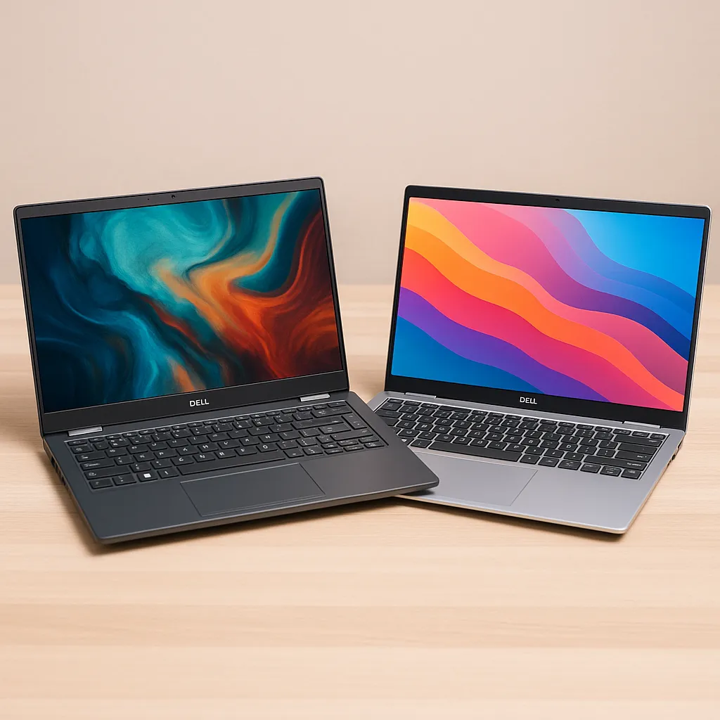Two Dell laptops, Latitude and Inspiron models, placed side by side on a light wooden table, showcasing their contrasting gray and silver designs.