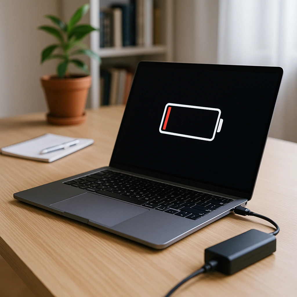 A laptop plugged in and charging on a modern desk setup, showing signs of battery drain during use—ideal for illustrating laptop power issues.