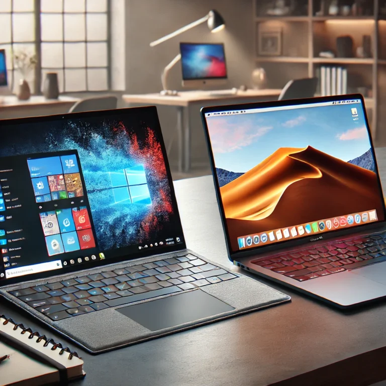 A modern workspace showing a Windows Surface Laptop beside a MacBook Pro, both open on a sleek desk in a softly lit office.