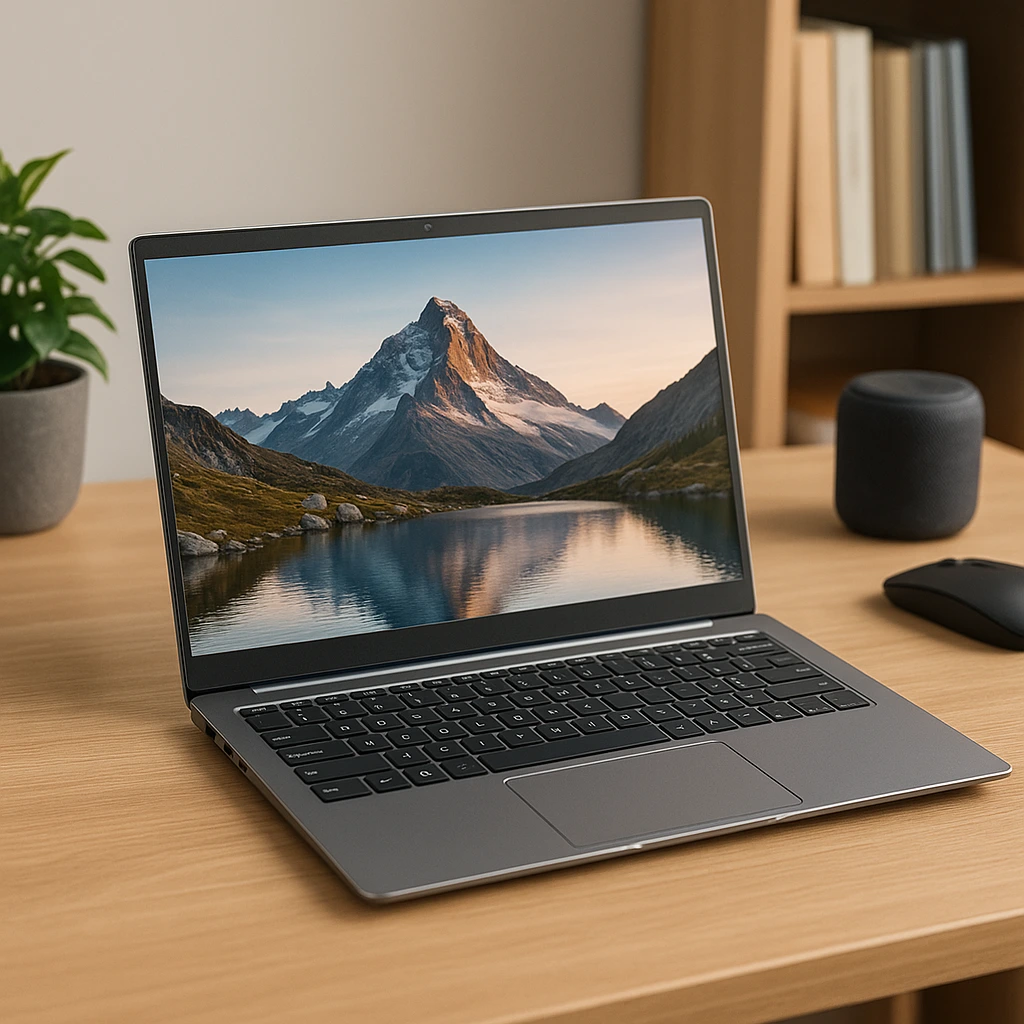 A modern, slim laptop with a vivid mountain wallpaper sits on a wooden desk beside a wireless mouse, smart speaker, and potted plant, ideal for work-from-home setups.