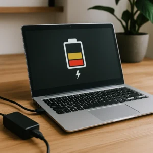 A silver laptop with a low battery warning icon on the screen sits on a wooden desk, connected to a charger, with a potted plant in the background.