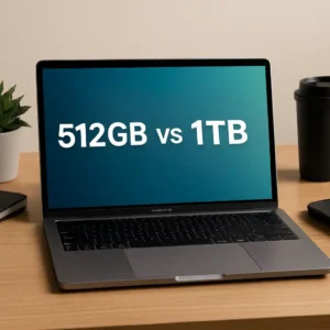 A MacBook Pro laptop on a wooden desk with accessories, illustrating the 512GB vs 1TB storage comparison in a real workspace setting.