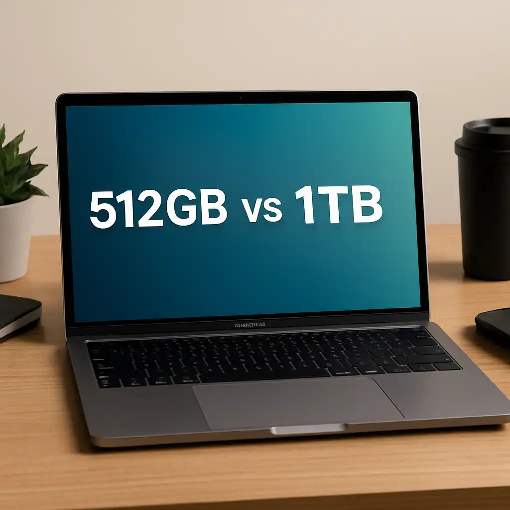 A MacBook Pro laptop on a wooden desk with accessories, illustrating the 512GB vs 1TB storage comparison in a real workspace setting.