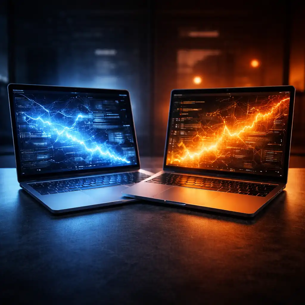 Two modern laptops side by side with blue and orange lighting on their screens representing different processor architectures and performance styles.