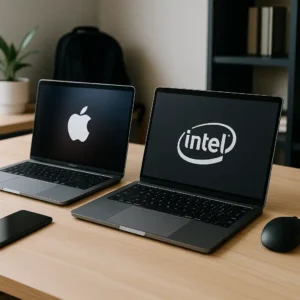 A digital photograph compares two modern laptops side by side on a desk, one representing Apple Silicon and the other Intel, with accessories like a smartphone and mouse in a clean home office setup.