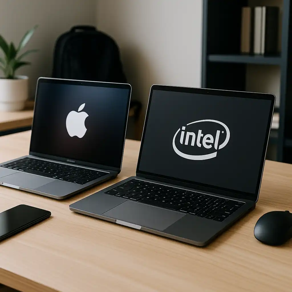 A digital photograph compares two modern laptops side by side on a desk, one representing Apple Silicon and the other Intel, with accessories like a smartphone and mouse in a clean home office setup.