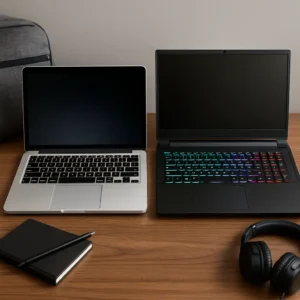 A workspace with two laptops side by side, one Apple MacBook Pro and one Snapdragon-powered laptop, with a notebook and mouse on the desk.