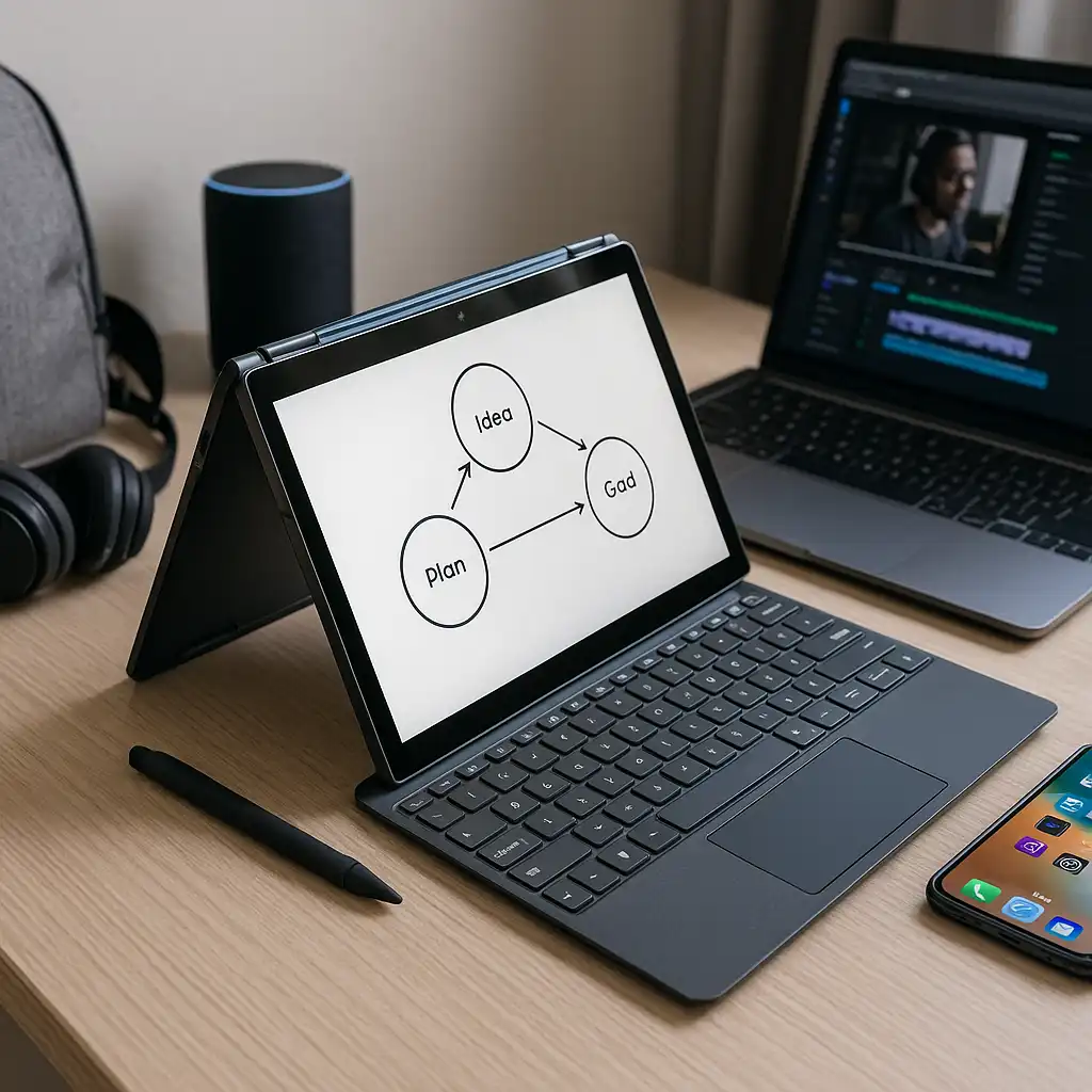 A modern 2-in-1 convertible laptop in tent mode on a light wood desk, paired with a second laptop, headphones, backpack, smartphone, and smart speaker in a minimalist workspace.