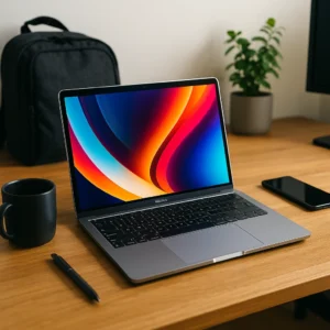 A modern Apple MacBook sitting on a wooden desk with a vivid display, next to a black coffee mug, smartphone, pen, and a backpack in the background.