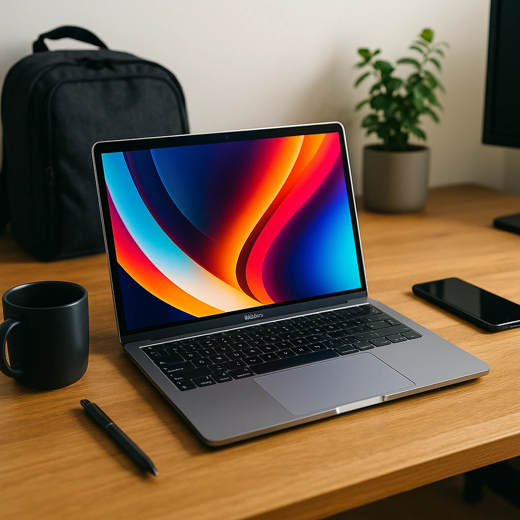 A modern Apple MacBook sitting on a wooden desk with a vivid display, next to a black coffee mug, smartphone, pen, and a backpack in the background.