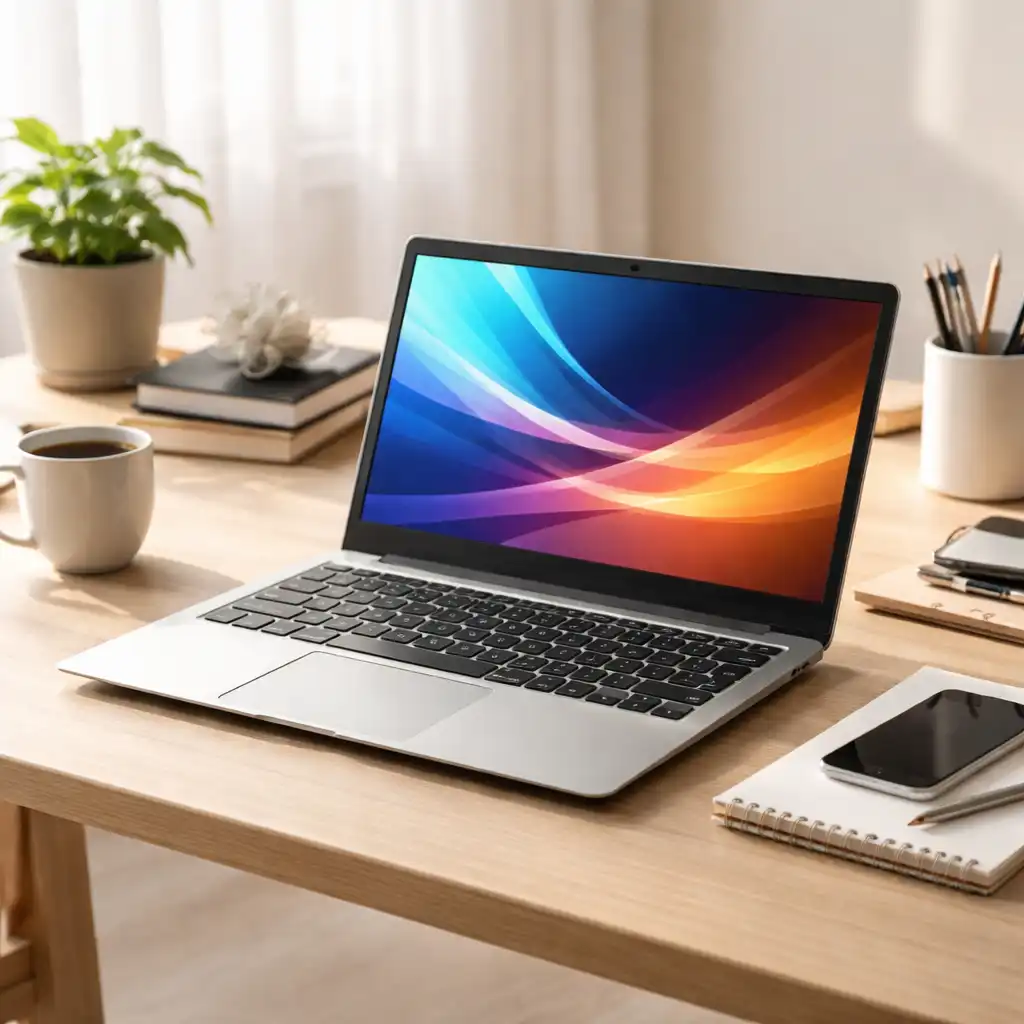 Budget business laptop on a clean home office desk setup with notebook, coffee mug, and natural daylight.
