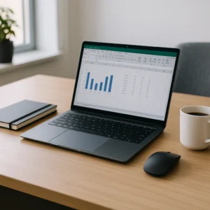 Modern business laptop on a sleek desk setup with coffee and work essentials in a bright office space.
