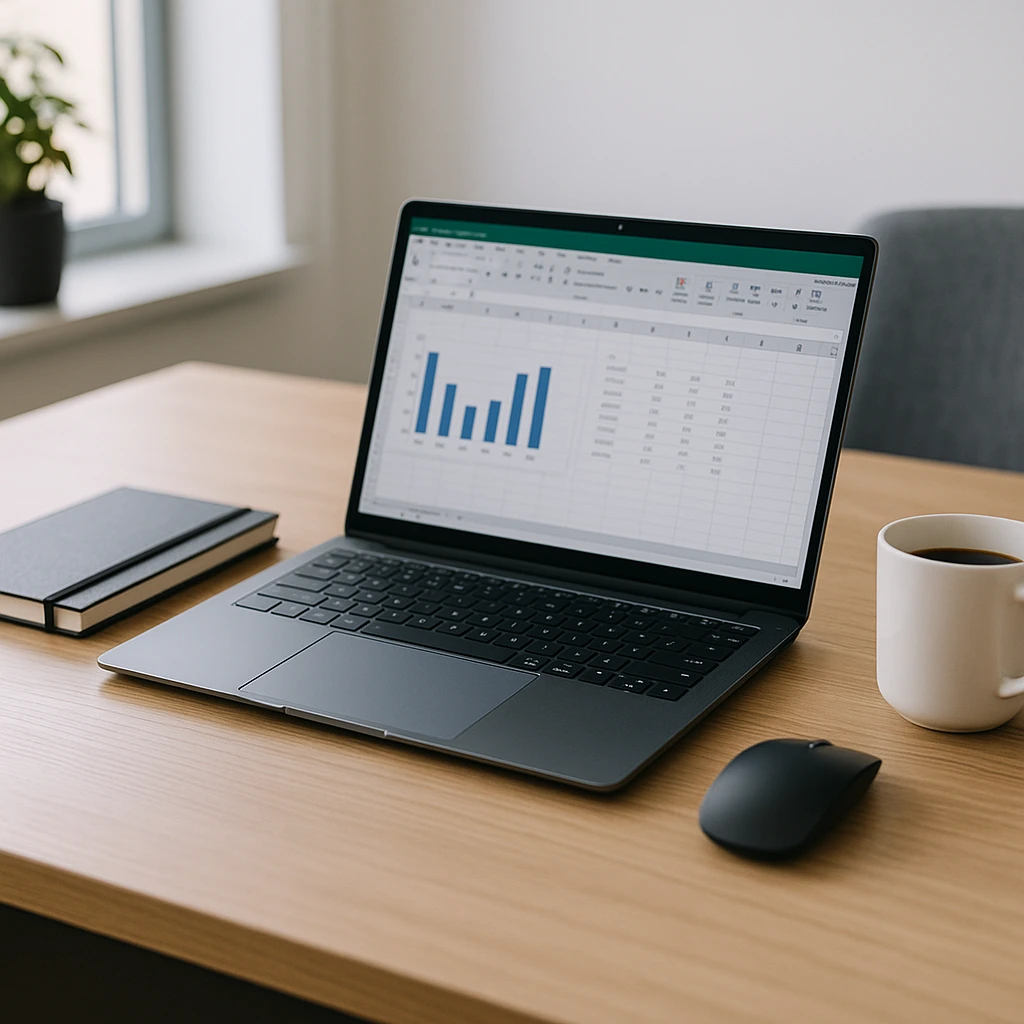 Modern business laptop on a sleek desk setup with coffee and work essentials in a bright office space.