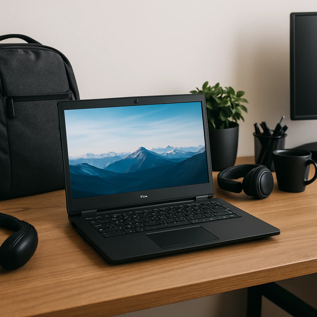 A sleek black Dell business laptop on a wooden desk with a mountain wallpaper on the screen, surrounded by a backpack, headphones, plant, and coffee mug in a bright home office setup.
