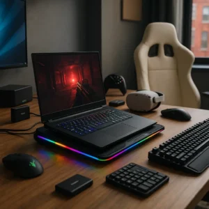 A high-resolution gaming laptop setup with RGB lighting on a wooden desk, featuring a mechanical keyboard, wireless mouse, VR headset, external SSD, and ergonomic gaming chair in a bright modern room.
