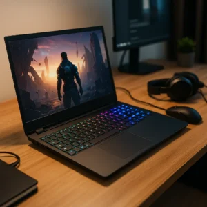 A gaming laptop with an RGB backlit keyboard on a wooden desk, displaying a futuristic video game scene with a male character in armor, accompanied by a mouse and headphones.